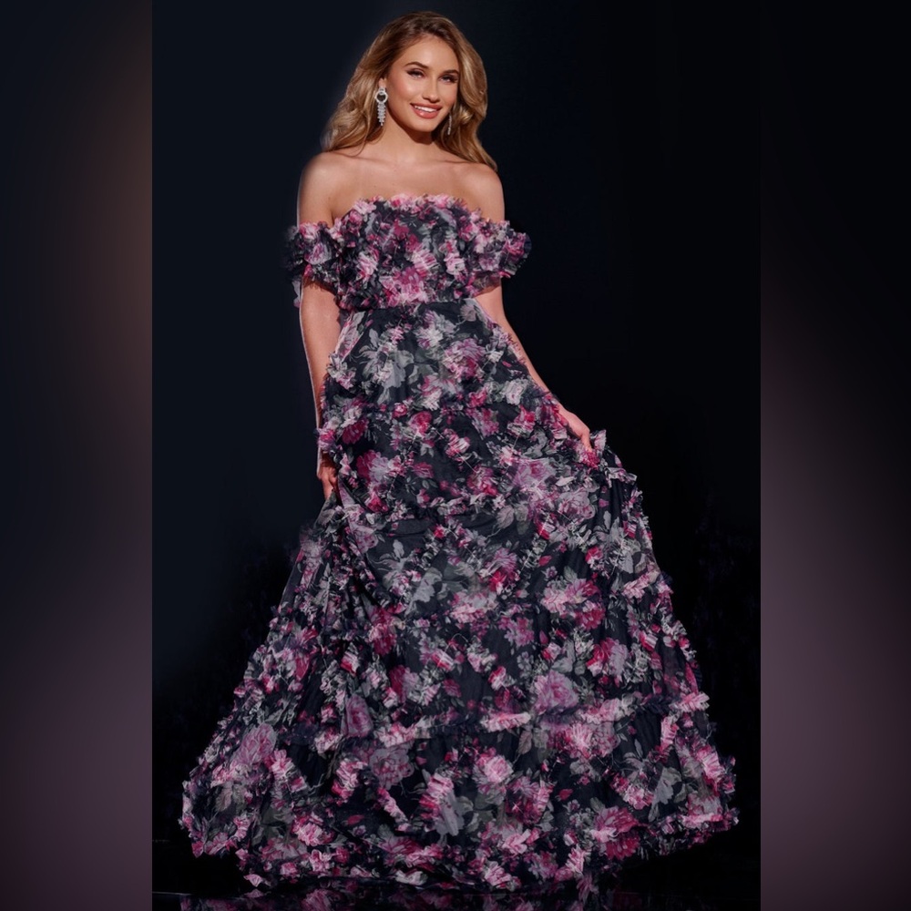 Jovani NWT Navy Pink Floral Ruffle Off the Shoulder Chiffon Gown Size 8